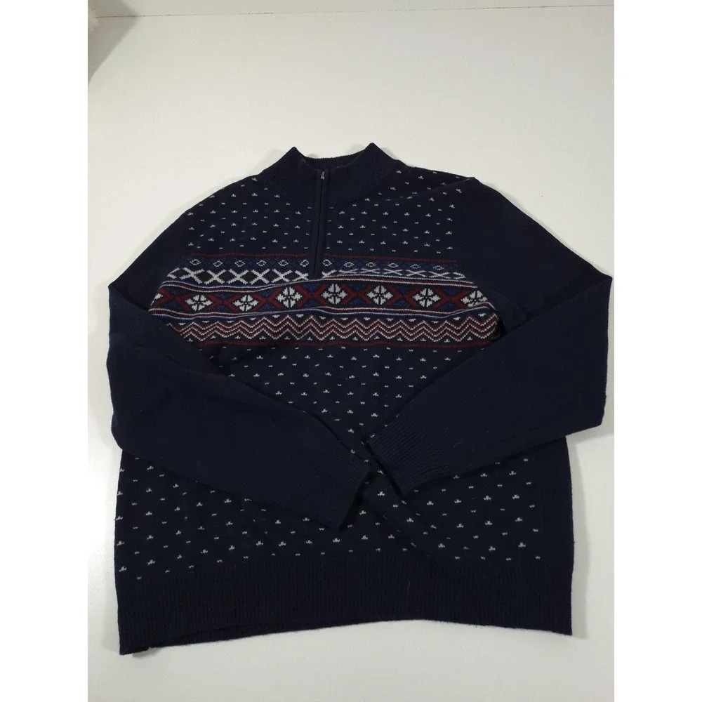 Brooks Brothers Sweater Mens L Blue Merino Wool 1/4 Zip Mock Neck Fair Isle